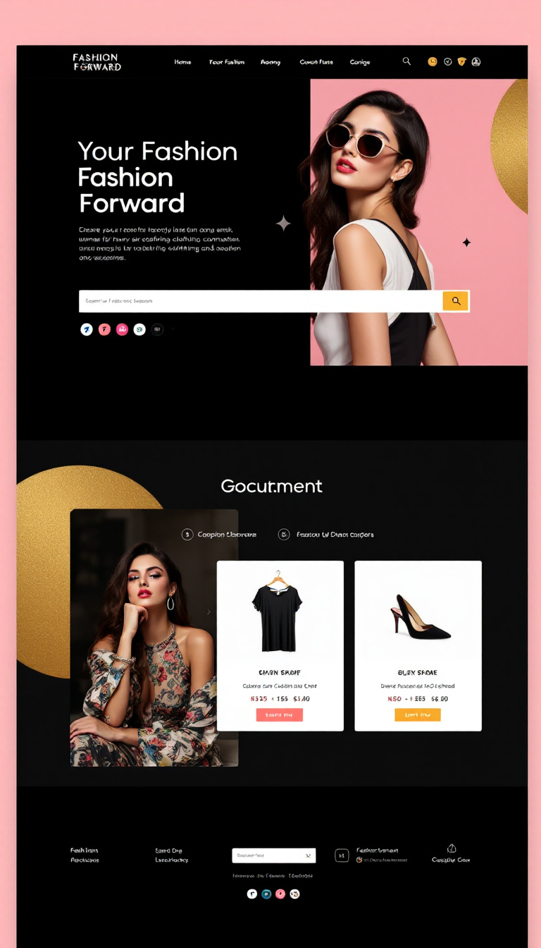 Create a sleek one-page shopping website called 'Fashion Forward', designed for women seeking trendy clothing and accessories. Include a search bar and use a chic color palette of pink, black, and gold, inspired by fashion blogs.