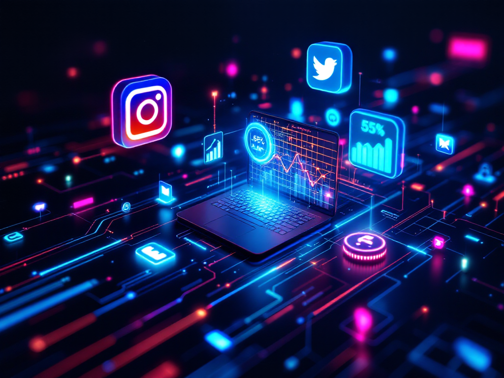 "Create a visually striking digital marketing-themed image with a dark, sleek background (black or deep charcoal). Add bright, glowing details like neon blue, pink, and orange accents to highlight digital connectivity. Include dynamic elements like social media icons (Instagram, Facebook, email, SMS) radiating light or emitting glowing trails. Show futuristic visuals, such as 3D holographic screens, vibrant analytics charts, and phones or laptops glowing with engagement notifications. Use sharp contrast between the dark background and the bright, illuminated details to make the image pop and evoke a sense of professionalism, creativity, and innovation."
