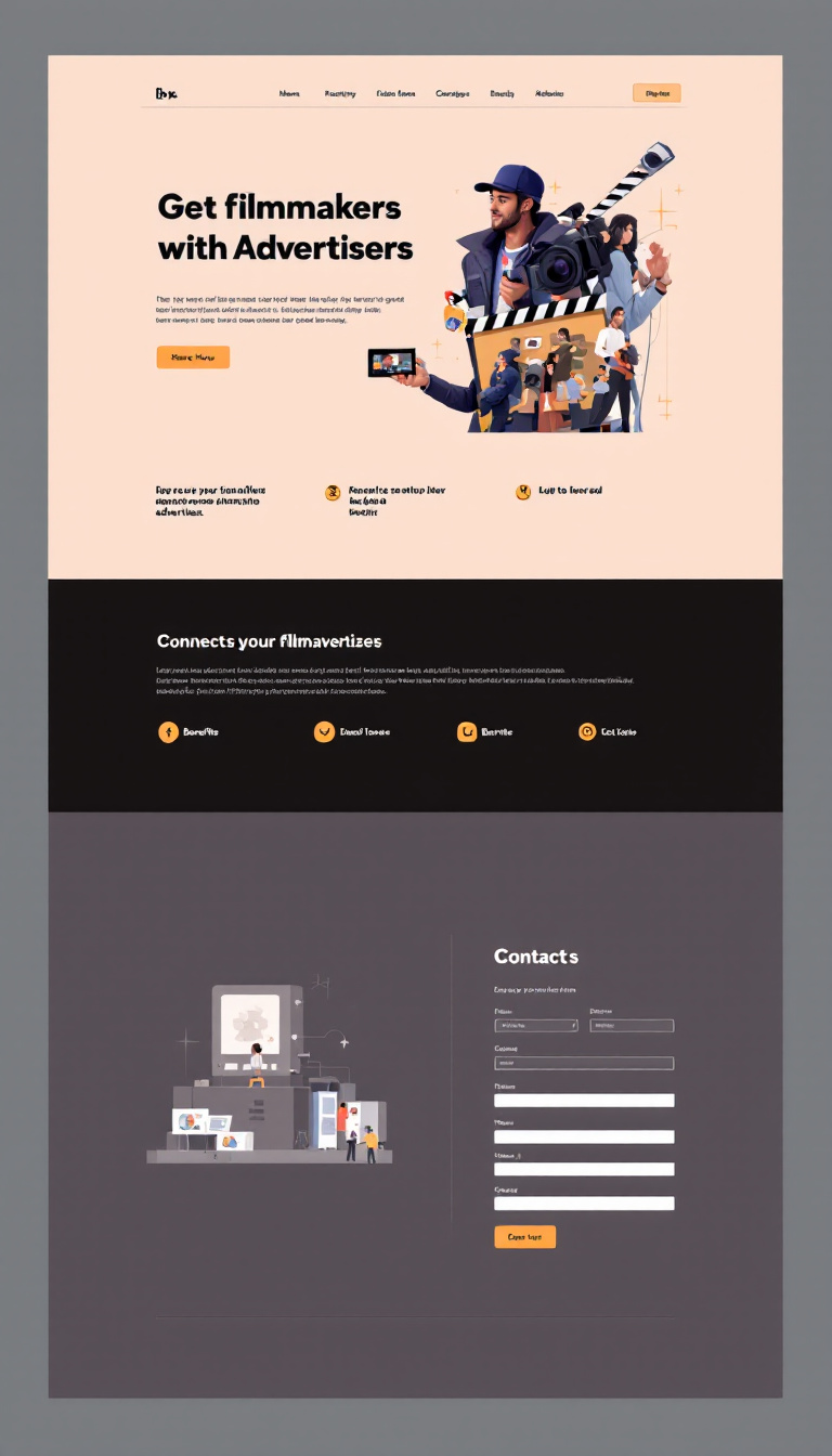 Design a simple one-page website wireframe for a platform that connects filmmakers with advertisers. The wireframe should include a navigation bar, a hero section with a tagline and call-to-action, sections highlighting benefits, and a contact form, ensuring an intuitive and clean layout.