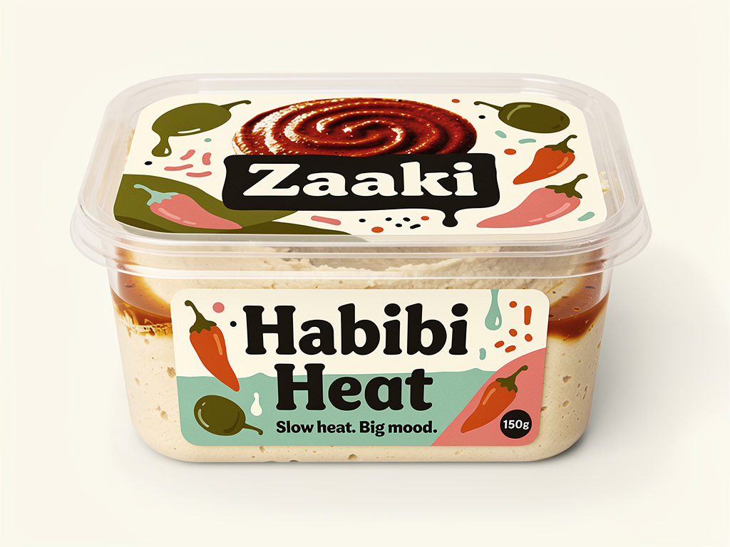 Create a high-energy, playful product mockup of Zaaki hummus packaging using a rectangle, transparent plastic container with a lid, grocery-ready and modern.
The design should feel bold, joyful, and rooted in Palestinian food culture, not generic Mediterranean or ornamental. Avoid tiled patterns, decorative borders, or over-styled “ethnic” motifs.
The logo should feel like a stamp of pride, not a background element.
Color palette (strictly Zaaki):
Olive green #A7A838
Mint/teal #60C3AD
Rose pink #F37C90
Harissa orange #EC6542
Off-white #FFFDF9
Deep near-black #150F11
The label design should be graphic, punchy, and illustration-led, inspired by hand-drawn food signage, market labels, and family-owned shops — expressive shapes, confident blocks of color, and playful composition.
Avoid realistic food photography collages or decorative ingredient scattering. Instead, use simple, bold illustrated elements (chili shapes, olive forms, oil drips, abstract spice marks) that feel intentional and fun, not ornamental.
Flavor name “Habibi Heat” should be big, friendly, and full of personality, paired with a short line like:
“Slow heat. Big mood.”
The hummus inside the container is visible — creamy, fresh, and topped with a bold swirl of deep red chili oil, appetizing and real.
Overall vibe:
Palestinian table energy
Modern, irreverent, and people-first
Ethical, bold, and confident
Matches the playful, illustrated energy of the Zaaki website hero section
Lighting should be clean and bright. The final image should feel alive, joyful, and unmistakably Zaaki — something that would stop you mid-aisle and make you smile.