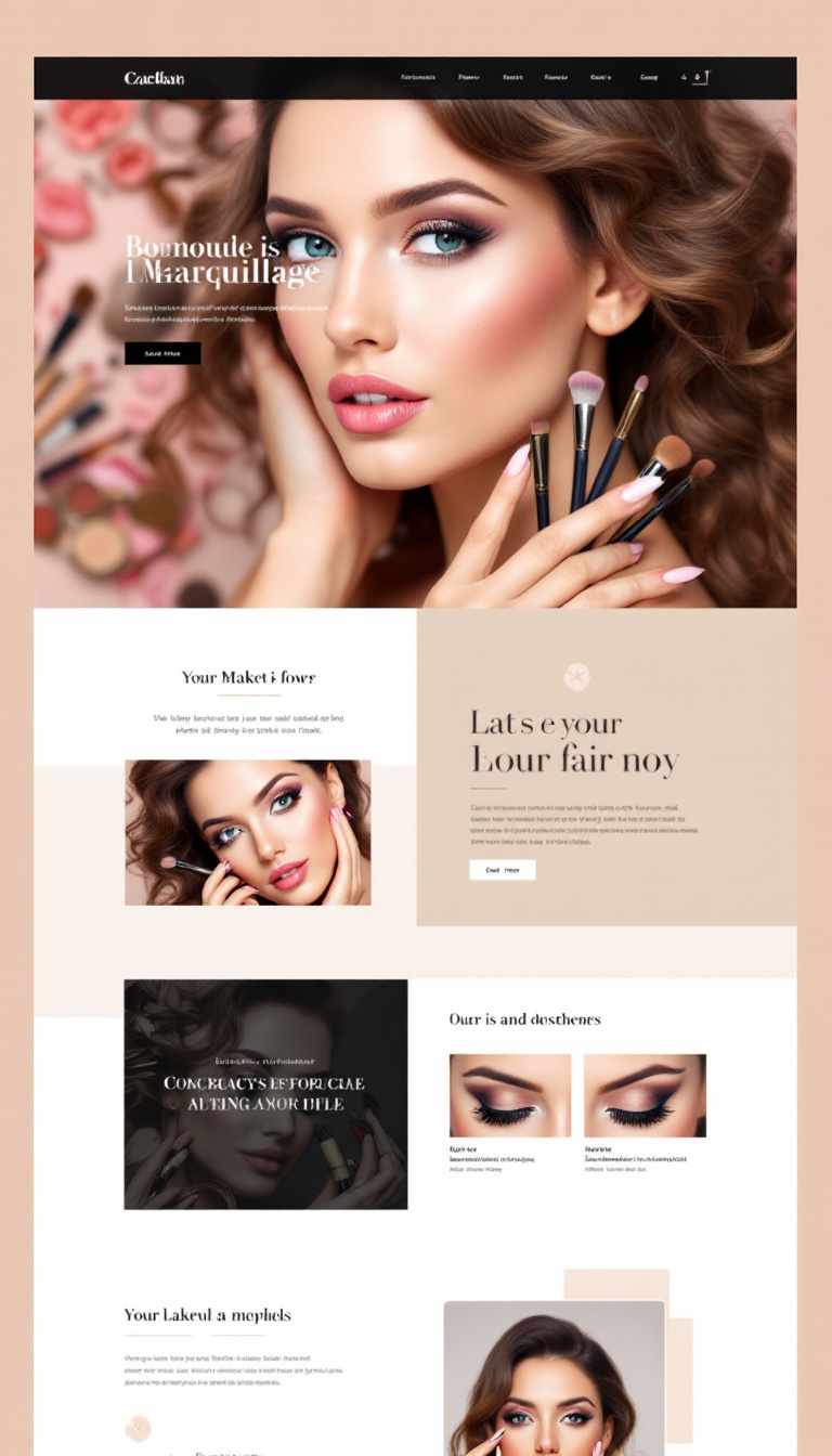 Diseña un sitio web de una página para la venta de maquillaje, con un estilo bonito y atractivo. Incluye una paleta de colores suaves y elementos visuales llamativos.