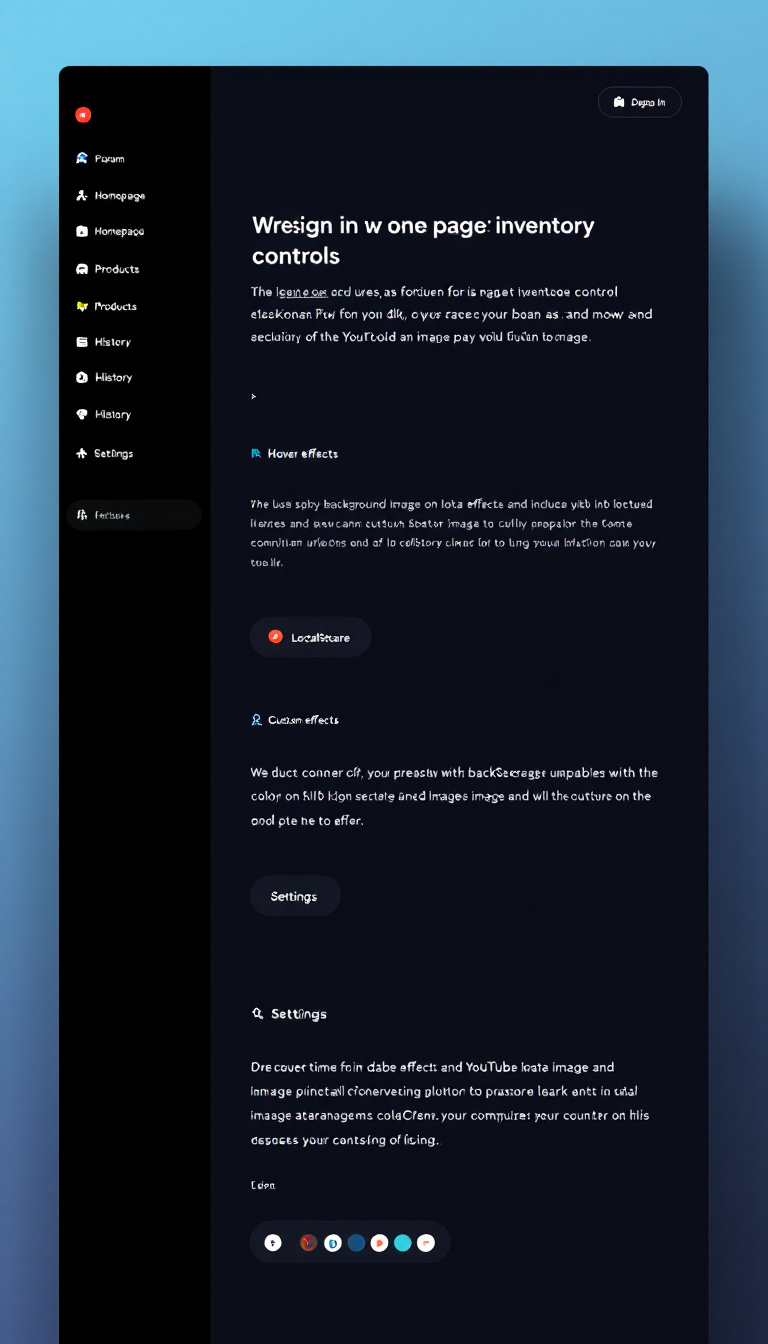 Design a one-page inventory control website featuring a sidebar with sections for 'Homepage', 'Products', 'History', and 'Settings'. The site should have a dark theme similar to YouTube's dark mode, include hover effects on the sidebar, and options for background image uploads and custom button colors. Implement product management features with localStorage capabilities and settings for customization, ensuring a clean and futuristic design.