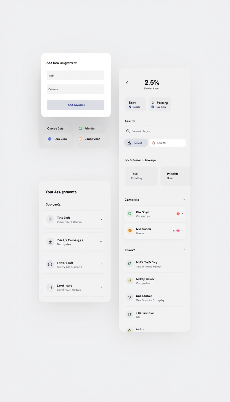 Design a clean, modern one-page Assignment Tracker web UI: left-side white card labeled "Add New Assignment" with inputs (title, course, due date, priority, description) and an indigo "Add Assignment" button; right-side larger panel titled "Your Assignments" with three stat cards (Total / Pending / Completed), search box, sort controls, filter buttons, and a scrollable list of assignment cards showing title, course, priority badge, due status, description, dates, and action icons (complete, delete). Use a soft gray background, indigo as the primary accent, subtle shadows and rounded corners, minimalist icons, and calm pastel status colors for due/priority (red for overdue, yellow/orange for due soon, green for completed) in a responsive, Tailwind-style card-based layout.