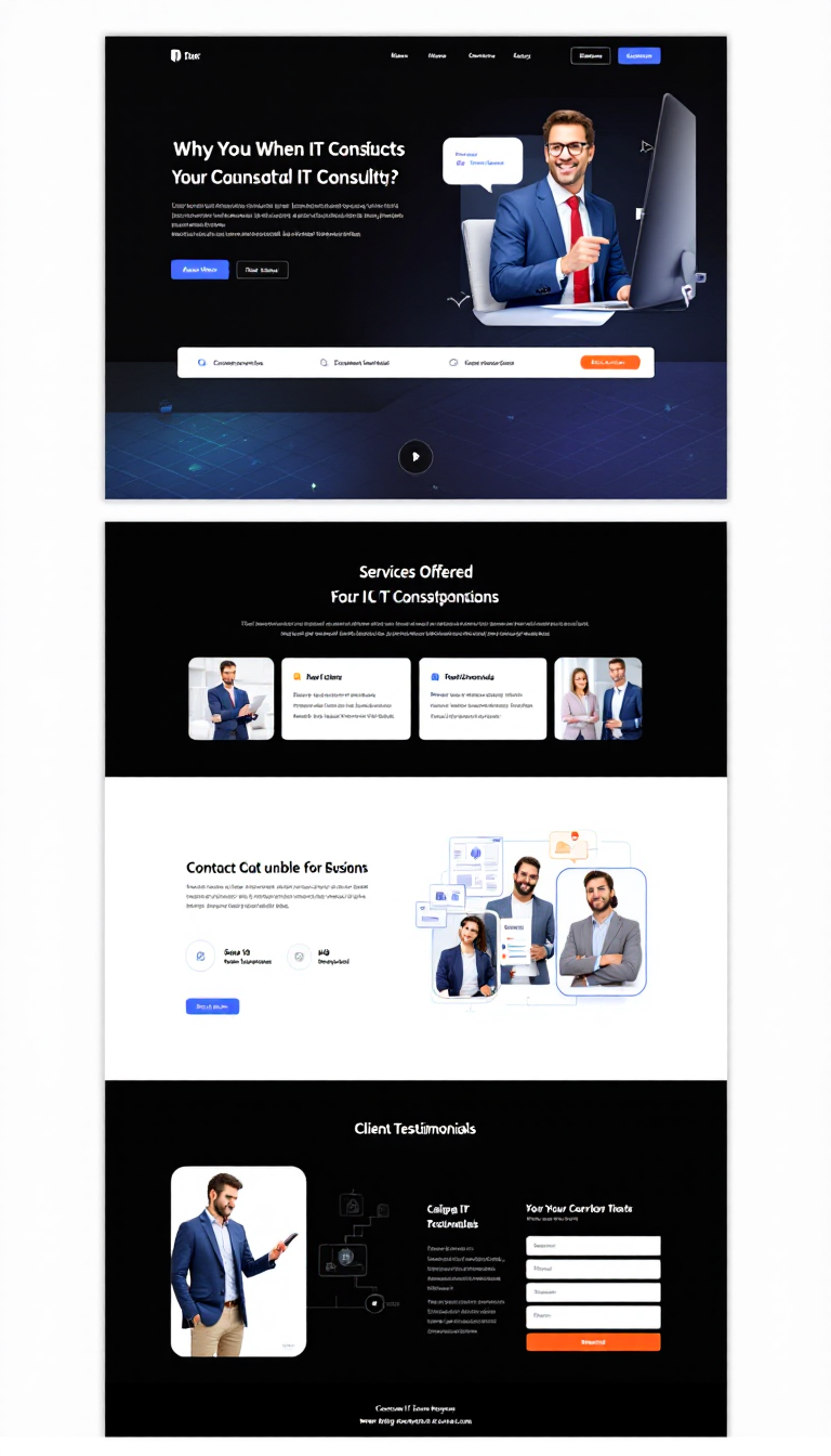 Design a simple and clean one-page website for an IT consulting business, featuring services offered, client testimonials, and contact information. Use a modern layout with a professional color scheme.