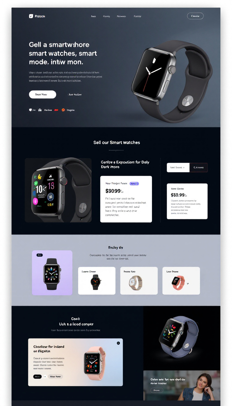 Create a dark mode landing page for selling smartwatches, featuring sleek design elements, attractive product images, and clear call-to-action buttons. Prioritize a simple and modern layout that enhances user experience.