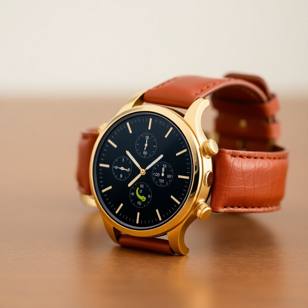 premium gold smartwatch with a luxury leather strap and advanced health monitoring features