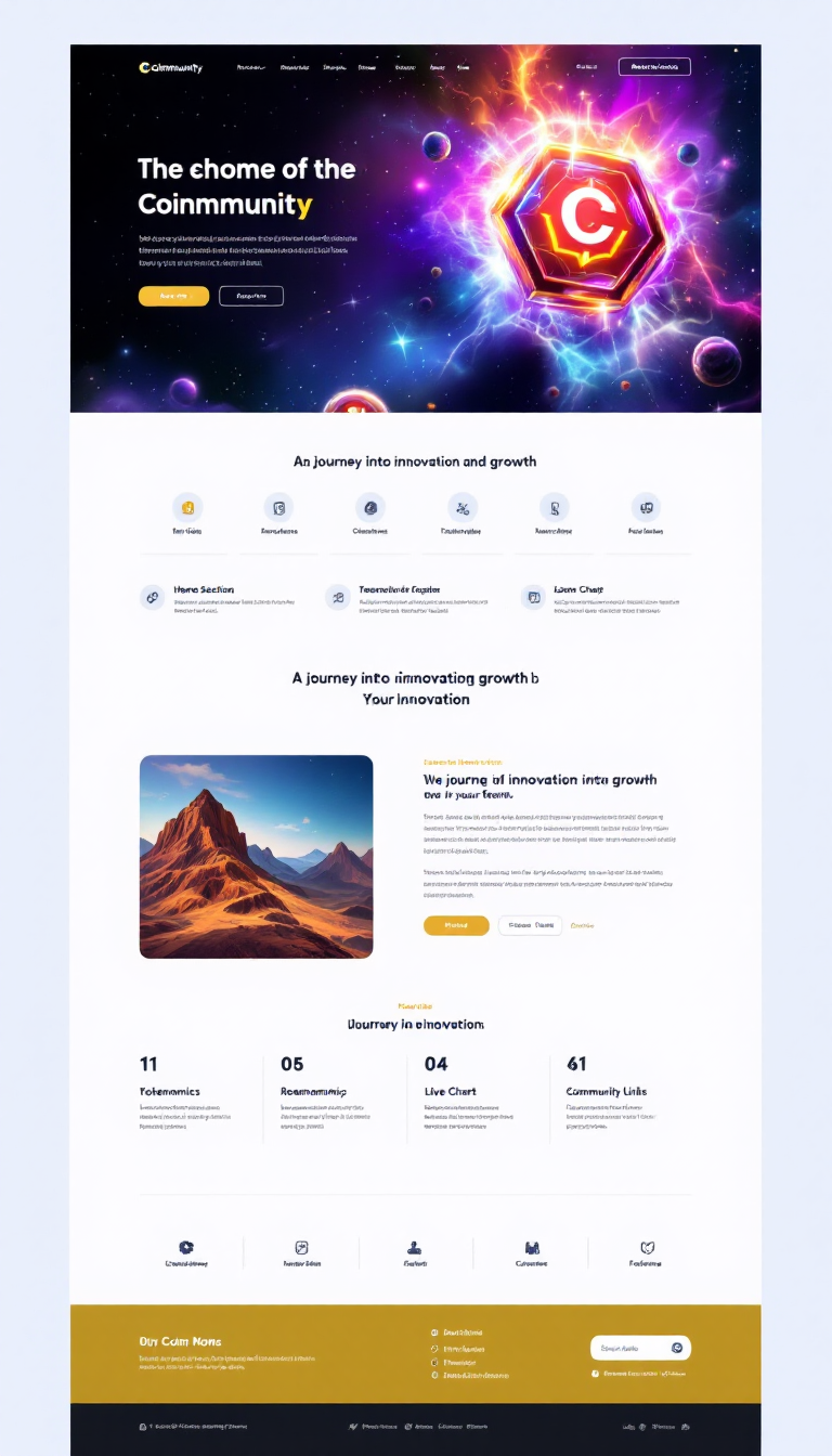 "Create a futuristic, space-themed one-page website for the memecoin 'Coinmunity.' The design should feature vibrant cosmic visuals, including a glowing nebula background and animated elements, while incorporating sections for the logo, navigation, hero section, tokenomics, roadmap, live chart, community links, and footer, all emphasizing a journey into innovation and growth."