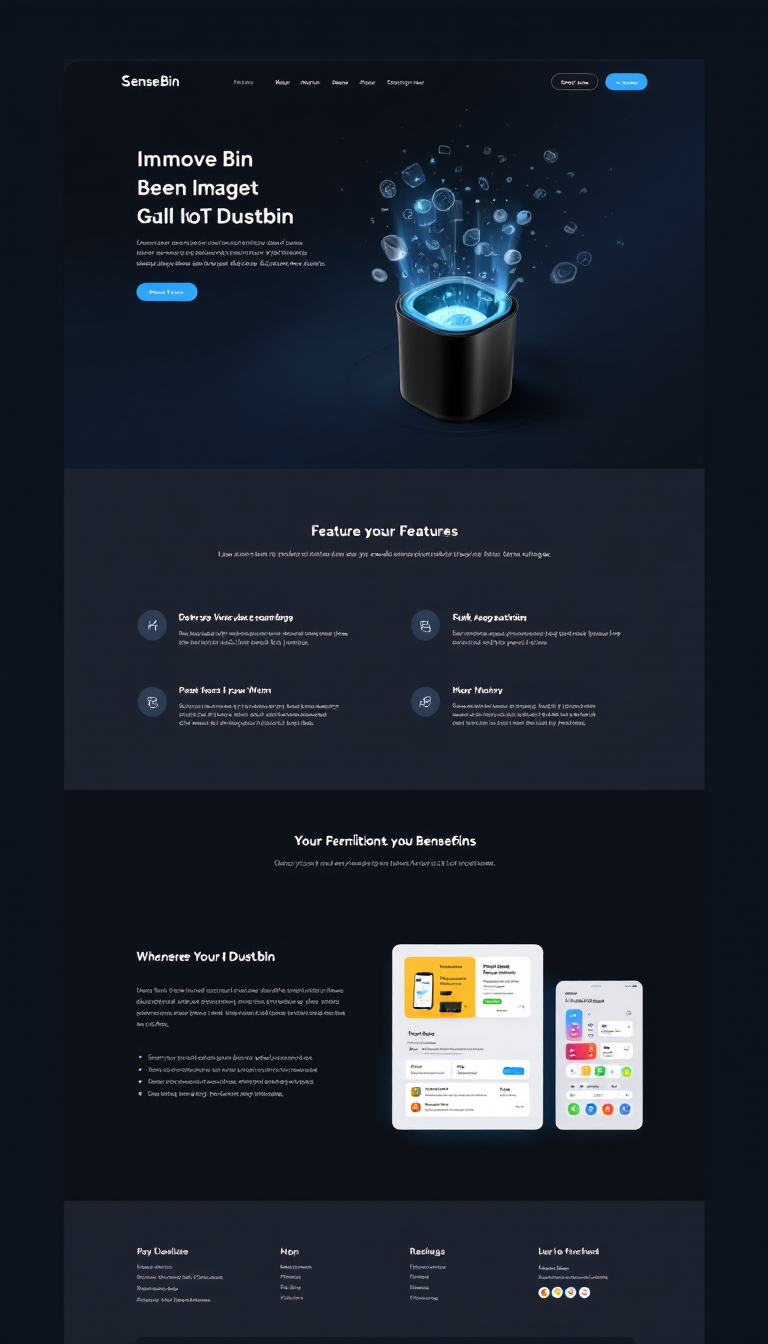 Create a clean and modern one-page landing website for SenseBin, a smart IoT dustbin. Highlight its innovative features and benefits with a sleek design and engaging visuals.
