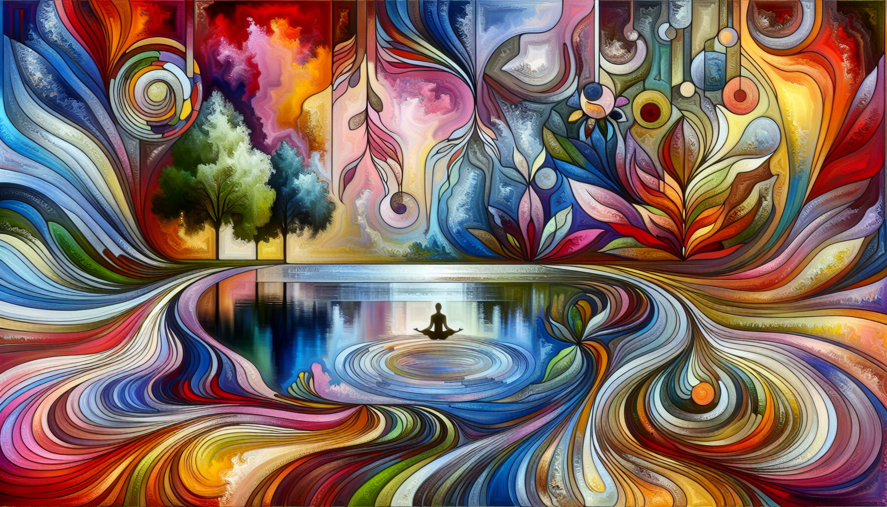 A vibrant and modern landscape symbolizing mindful wellness and unity, featuring a calm lake surrounded by diverse, colorful flora and fauna. The scene should include abstract elements representing connection and harmony, all while conveying tranquility and personal growth. Use bold colors that appeal to a wide audience, creating a stunning visual that inspires confidence and admiration.