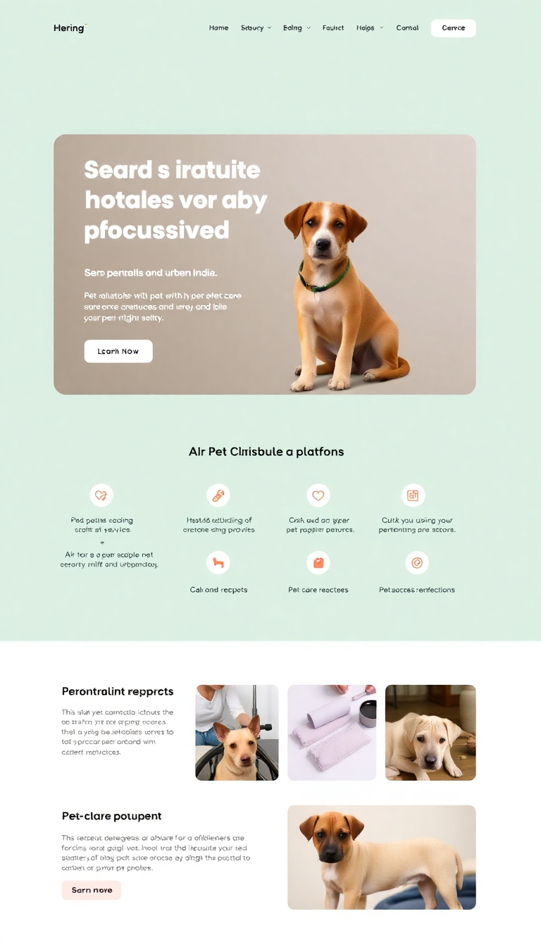 Create a simple, one-page website for an online platform that connects users with local pet care stores and service providers across rural and urban India. The site should feature a user-friendly design with clear navigation and sections for pet parenting resources, collaborations with NGOs, and quick access to pet care services.