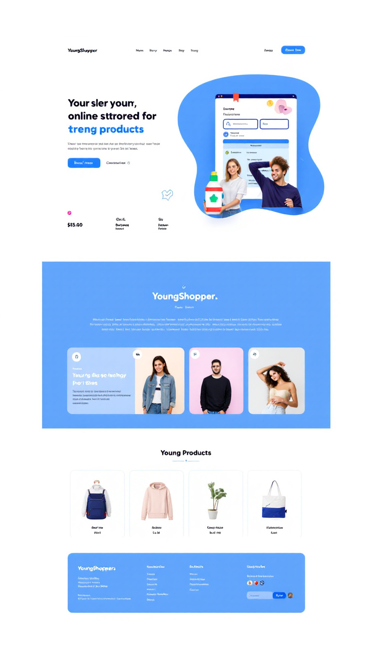 Design a one-page website for 'YoungShopper,' an online store for trendy products aimed at young adults aged 18-30. Use a blue and white color scheme, featuring product listings and a shopping cart.