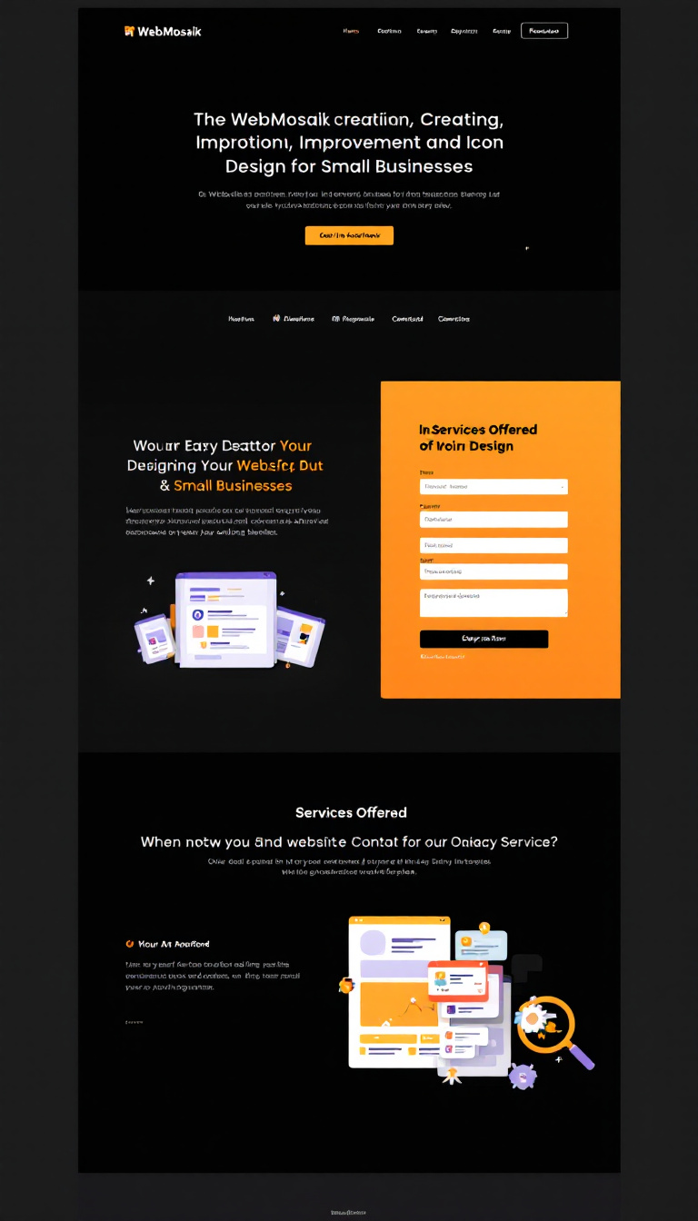 Design a one-page website for WebMosaik, showcasing website creation, improvement, and icon design services for small businesses. Use a sleek black theme for the navigation bar, include an engaging contact form, and incorporate interactive elements to capture visitor interest. Highlight services offered prominently to enhance online presence.