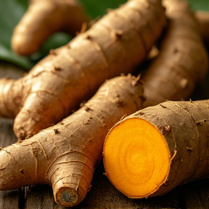 Turmeric and ginger roots with Tfarm branding for product launch
