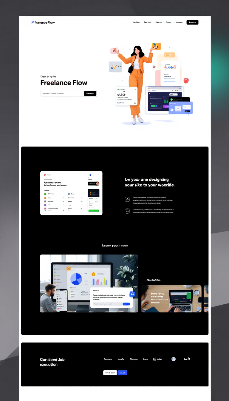 Design a minimalistic one-page website called 'Freelance Flow' for individual users. It should feature automated job search, application tracking, payment management, and a guided job execution section, all presented in a clean and user-friendly layout.