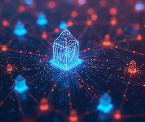 Futuristic blockchain network visualization with nodes and connections representing HashFoundry's Web3 ecosystem