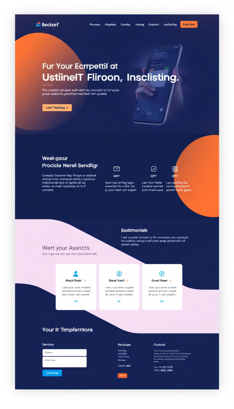 Design a simple one-page website for an IT consulting business, featuring a modern layout with sections for services, testimonials, and contact information. Use a clean color palette and professional imagery to convey expertise and trust.