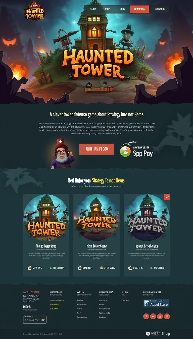 Design a one-page website for the game "Haunted Tower," featuring an engaging demo section and links to its downloads on Google Play, Apple Store, and Steam. The tagline "A clever tower defense game about Strategy and not Gems" should prominently display.