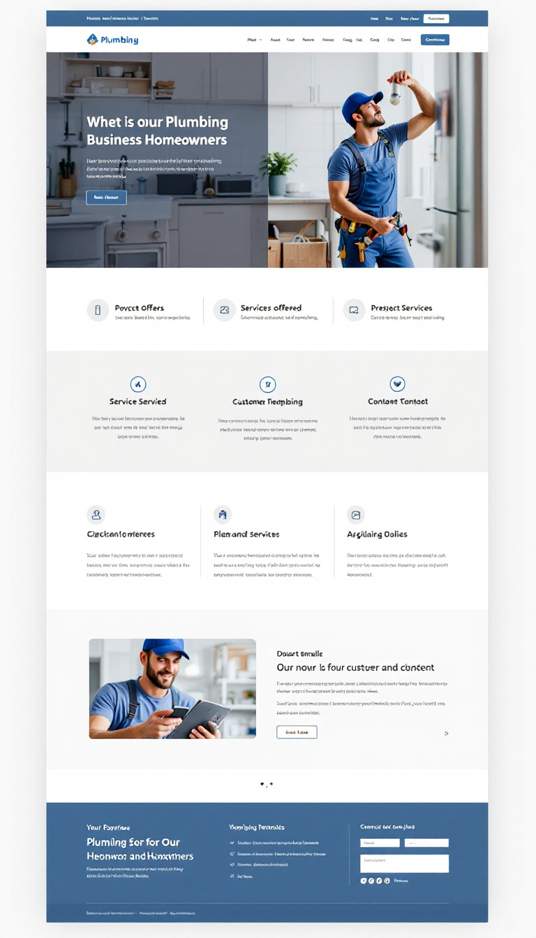 Design a simple one-page website for a plumbing business targeting homeowners. Include sections for services offered, customer testimonials, and contact information.