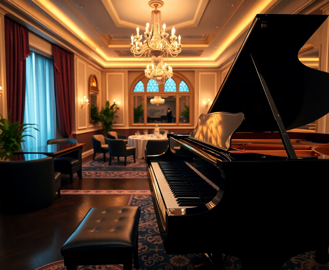 wide shot of a piano performance setup in a luxurious private venue