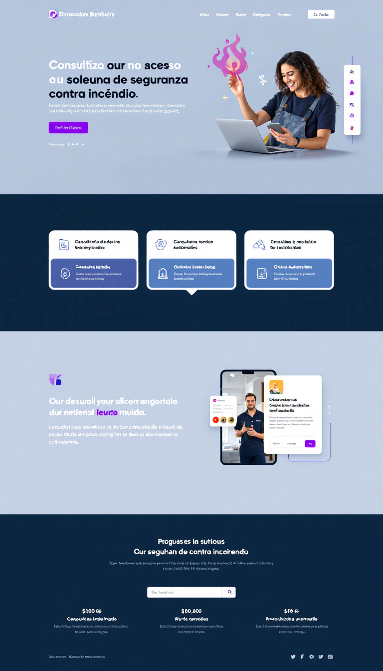Crie uma página única e clara para a startup "Dimensiona Bombeiro", uma plataforma digital focada em otimizar o acesso a soluções de segurança contra incêndio. A página deve destacar suas funcionalidades principais, como consultoria técnica imediata, orçamentos automatizados e um marketplace de especialistas, voltadas para profissionais que atuam na área de segurança.