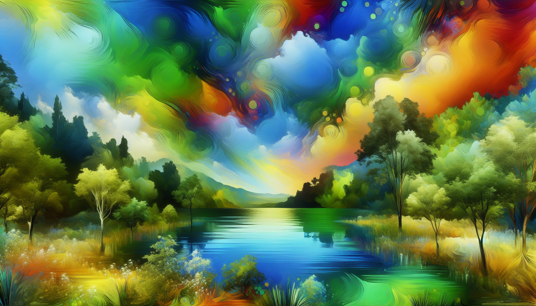 A vibrant and modern landscape depicting mindful wellness, featuring a calm lake, lush greenery, and a bright, colorful sky. The scene should convey a sense of tranquility and personal growth, using bold and vivid colors with contemporary design elements.
