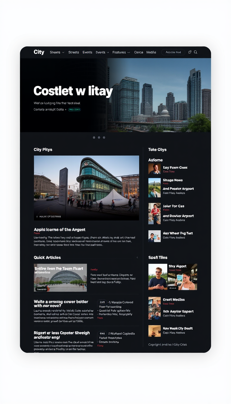 Design a modern, single-page news website for a city, featuring a prominent header with the city name and logo, a navigation menu for Streets, Events, Features, and Contact. Include a main article section with the latest news, images, and summaries, alongside a sidebar for quick links to popular articles and social media, plus a footer with copyright and policy links. Use a mobile-friendly layout and a color scheme that embodies the city’s identity.