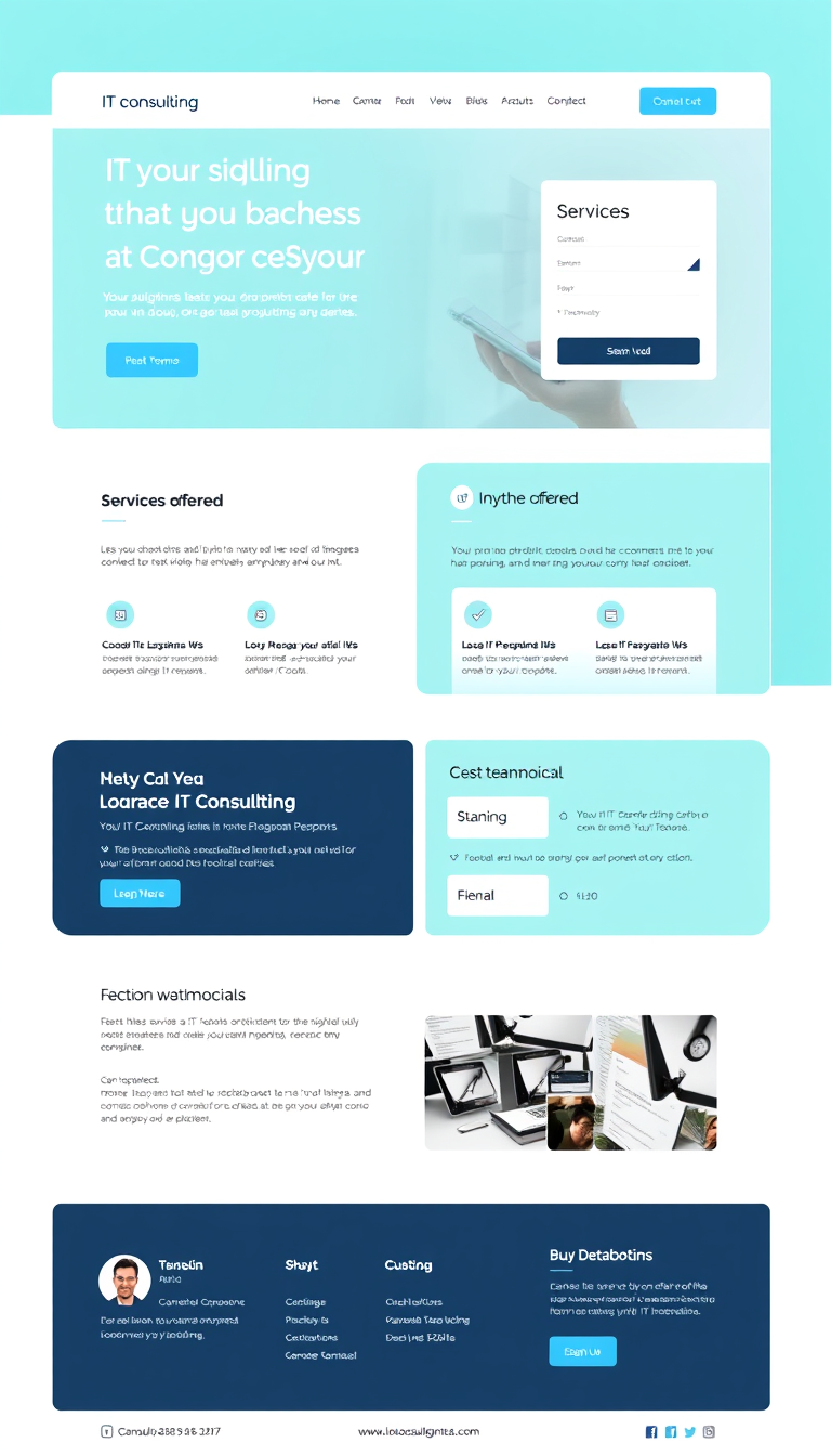 Design a simple and clean one-page website for an IT consulting business, featuring a professional layout, services offered, contact information, and client testimonials. Use a modern color scheme and intuitive navigation for a user-friendly experience.