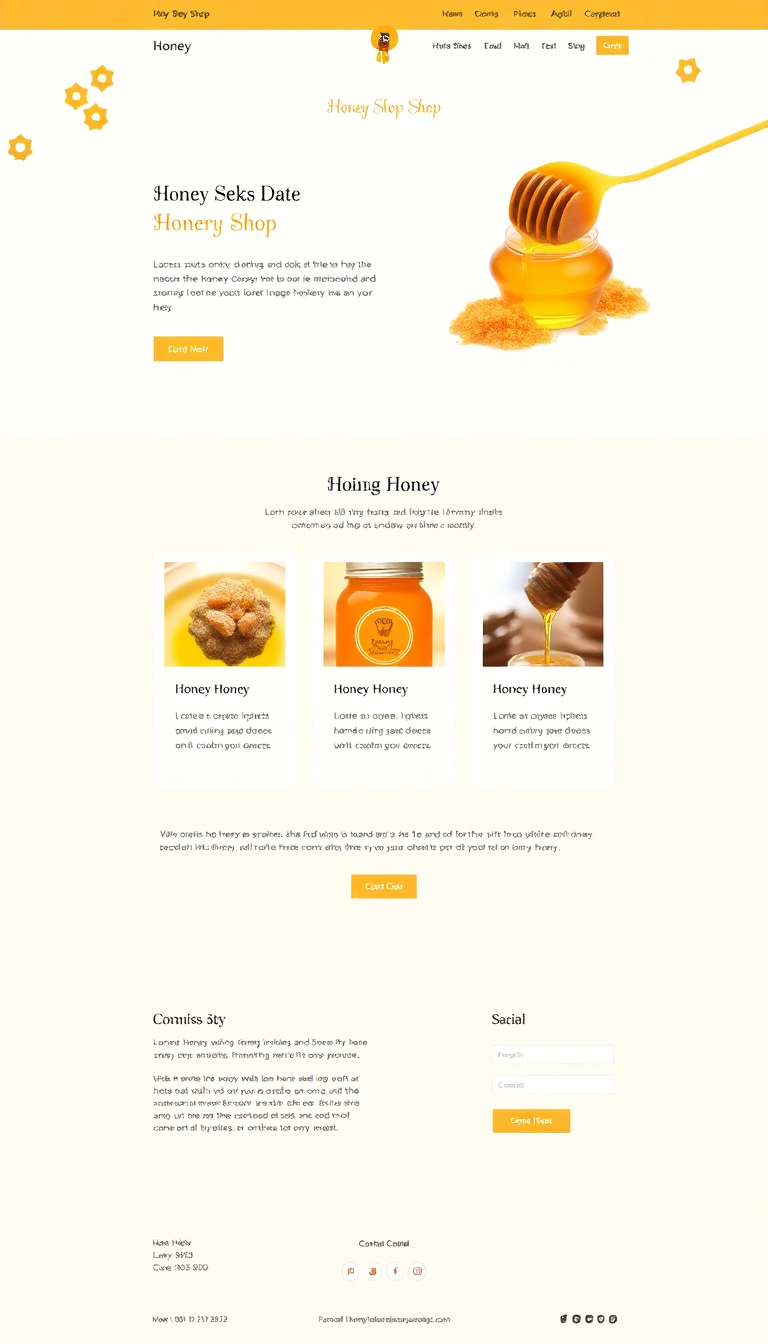Design a simple one-page website for a honey shop, featuring a clean layout with images of honey products, pricing information, and a brief description of the shop. Include a contact section and links to social media.
