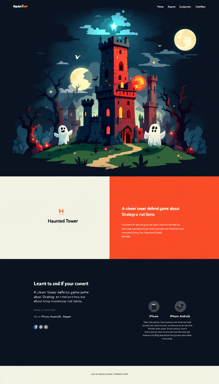 Design a one-page website for the game "Haunted Tower," a 2D top-down tower defense game. Include the tagline, "A clever tower defense game about Strategy and not Gems," and showcase its availability on iPhone, Android, Steam, and web.