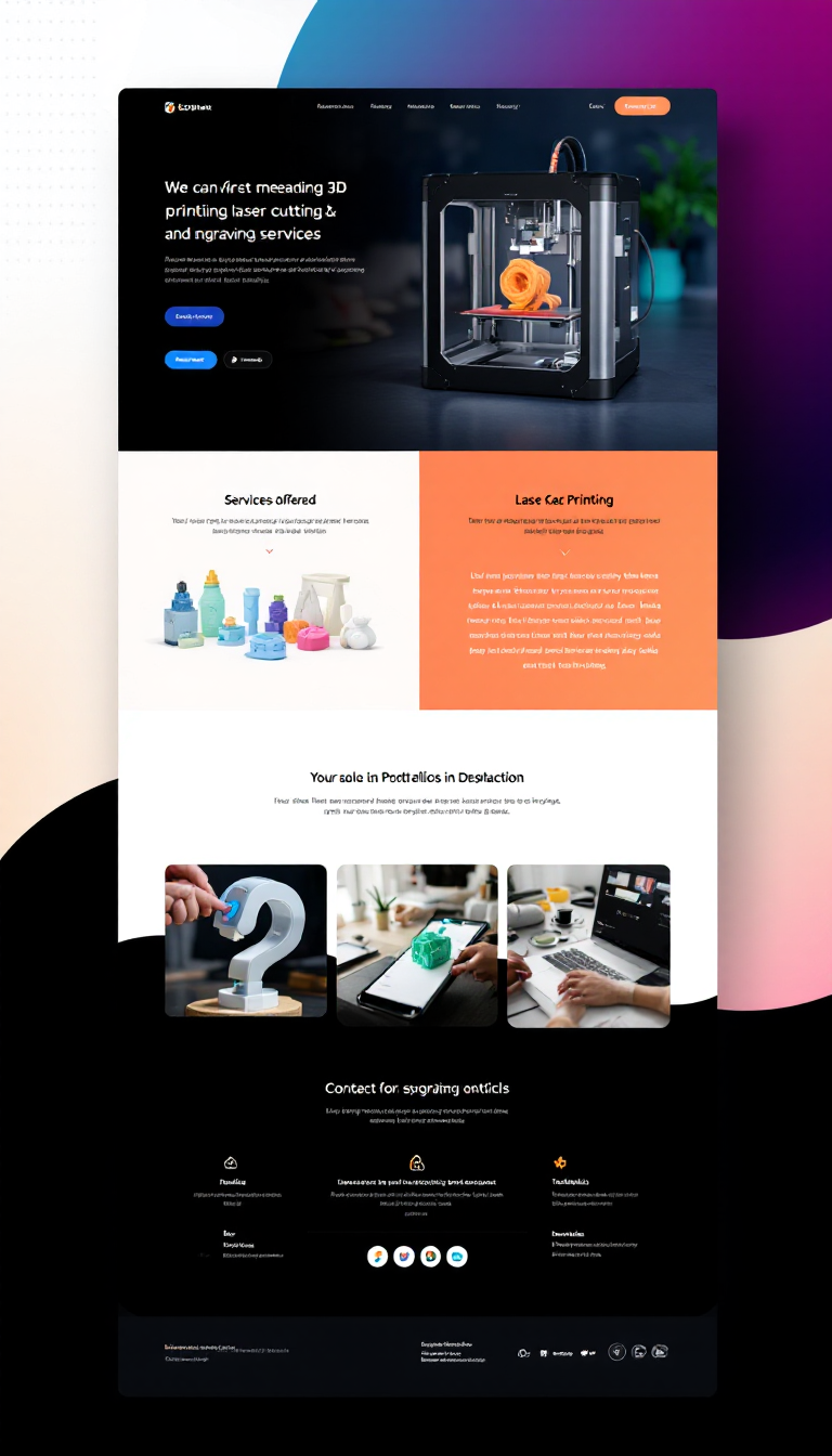 Design a simple and clean one-page website for a business specializing in 3D printing, laser cutting, and engraving services. Include sections for services offered, portfolio, testimonials, and contact information.