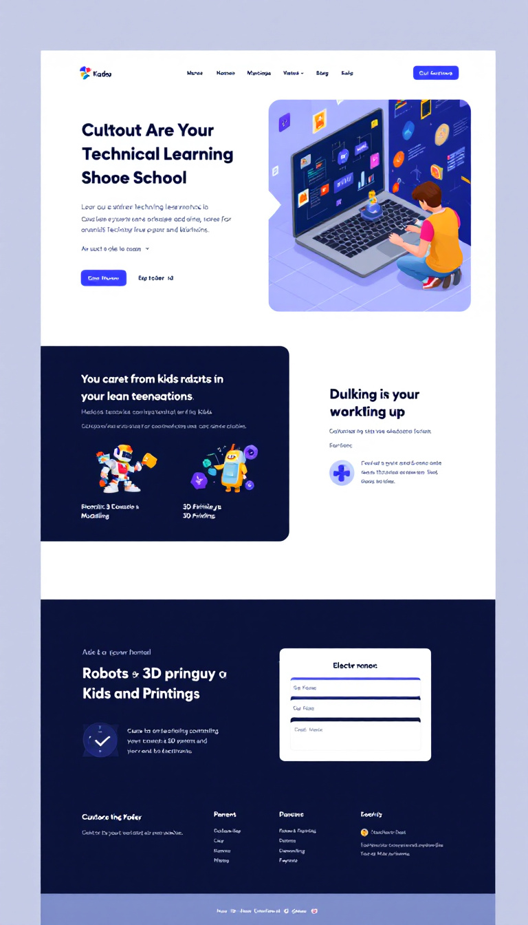 Create a simple one-page website for a technical learning school aimed at kids and teenagers, featuring courses in robotics, 3D modeling, 3D printing, and electronics. The design should be clean and engaging, appealing to both students and parents.