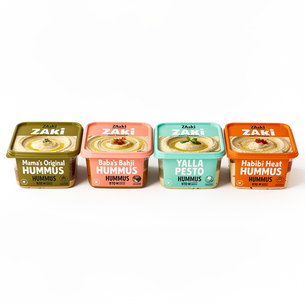 Create a bold, retail-ready hummus packaging mockup for Zaaki inspired by the clarity and confidence of brands like Yellow Bird and Tony’s Chocolonely — where each flavor is defined by one dominant, unmistakable color.
Use a square, transparent plastic container with a square lid, suitable for U.S. grocery shelves. The hummus inside should be clearly visible and appetizing.
Each flavor uses ONE main hero color from the Zaaki palette, covering most of the lid and front label, with minimal secondary accents:
Mama’s Original → Olive green #A7A838
Baba’s Bahji → Harissa orange #EC6542 or rose pink #F37C90
Yalla Pesto → Mint/teal #60C3AD
Habibi Heat → Harissa orange #EC6542
The Zaaki logo must appear exactly as provided, bold and high-contrast, placed confidently on the lid and front panel. It should feel iconic and instantly recognizable.
The word “HUMMUS” must be clearly visible on the front, paired directly with the flavor name (e.g., “Mama’s Original HUMMUS”).
Design style:
Extremely bold and minimal
Large color fields with strong contrast
Oversized, confident typography
Very limited illustration — if used, keep it simple and graphic (single icon, abstract shape, or subtle texture)
Avoid:
Decorative Mediterranean patterns
Ingredient collages or photorealistic graphics
Busy layouts or excessive detail
Muted, earthy, or “artisan” aesthetics
Instead:
Let color do the talking
Strong hierarchy: Brand → Flavor → HUMMUS
Design that reads instantly from 6 feet away
Packaging that feels social-media native and shelf-stopping
FDA realism:
Include believable U.S. grocery labeling elements (net weight, ingredients, allergen statement, nutrition facts panel on side/back). These should be clean, unobtrusive, and realistic.
Overall vibe:
Confident, playful, and modern
Gen Z–friendly without trying too hard
Proudly rooted in Levant culture through attitude, not ornament
Looks incredible when all flavors are lined up together
Lighting should be bright and clean. The final image should feel iconic, fearless, and unmistakably Zaaki.
Design should rely primarily on bold color and typography. Minimal graphics only.