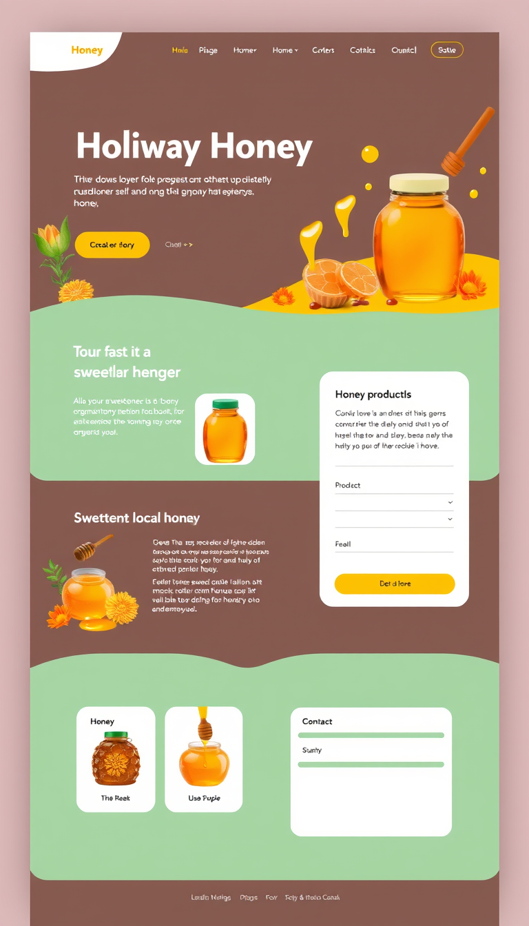 A one-page website for selling honey, targeting local people. The design should showcase various honey products with vibrant colors representing sweetness and nature. Include sections for product display, descriptions, and a contact form. Aim for a clean, inviting look that emphasizes the natural and organic qualities of honey.