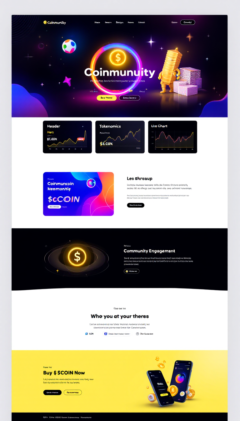 Design a sleek, futuristic one-page website for a memecoin named 'Coinmunity.' The site should feature a dark background with neon accents, clean animations, and sections for the header, hero, tokenomics, live chart, roadmap, and community engagement, including a glowing 'Buy $COIN Now' button linking to its Dexscreener page. Prioritize a modern aesthetic, responsive design, and smooth scrolling interactivity.