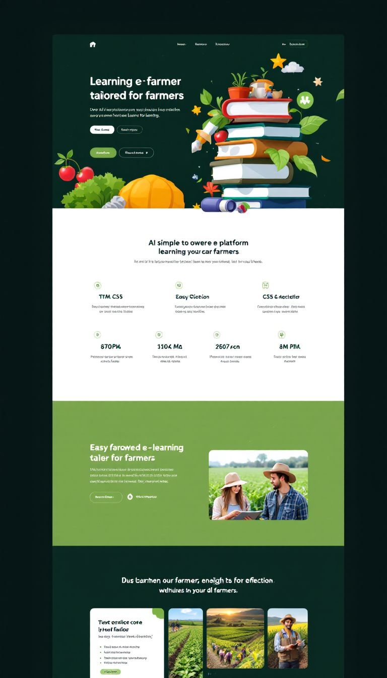 Create a simple one-page website for an AI-powered e-learning platform tailored for farmers. Use HTML, CSS, and JavaScript for a user-friendly design, featuring easy navigation, agricultural-themed graphics, and photos of farmers learning. The color scheme should be light green and dark green, with downloadable code available for use in Visual Studio.