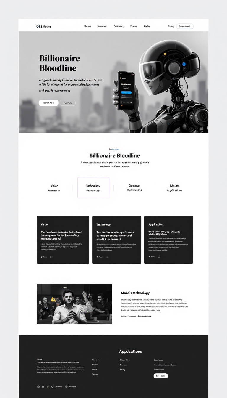 Create a sleek one-page website for "Billionaire Bloodline," inspired by the modern aesthetic of www.solana.com. The site should highlight a groundbreaking financial technology that merges Solana blockchain with AI for decentralized payments and wealth management, featuring sections on vision, technology, and applications.