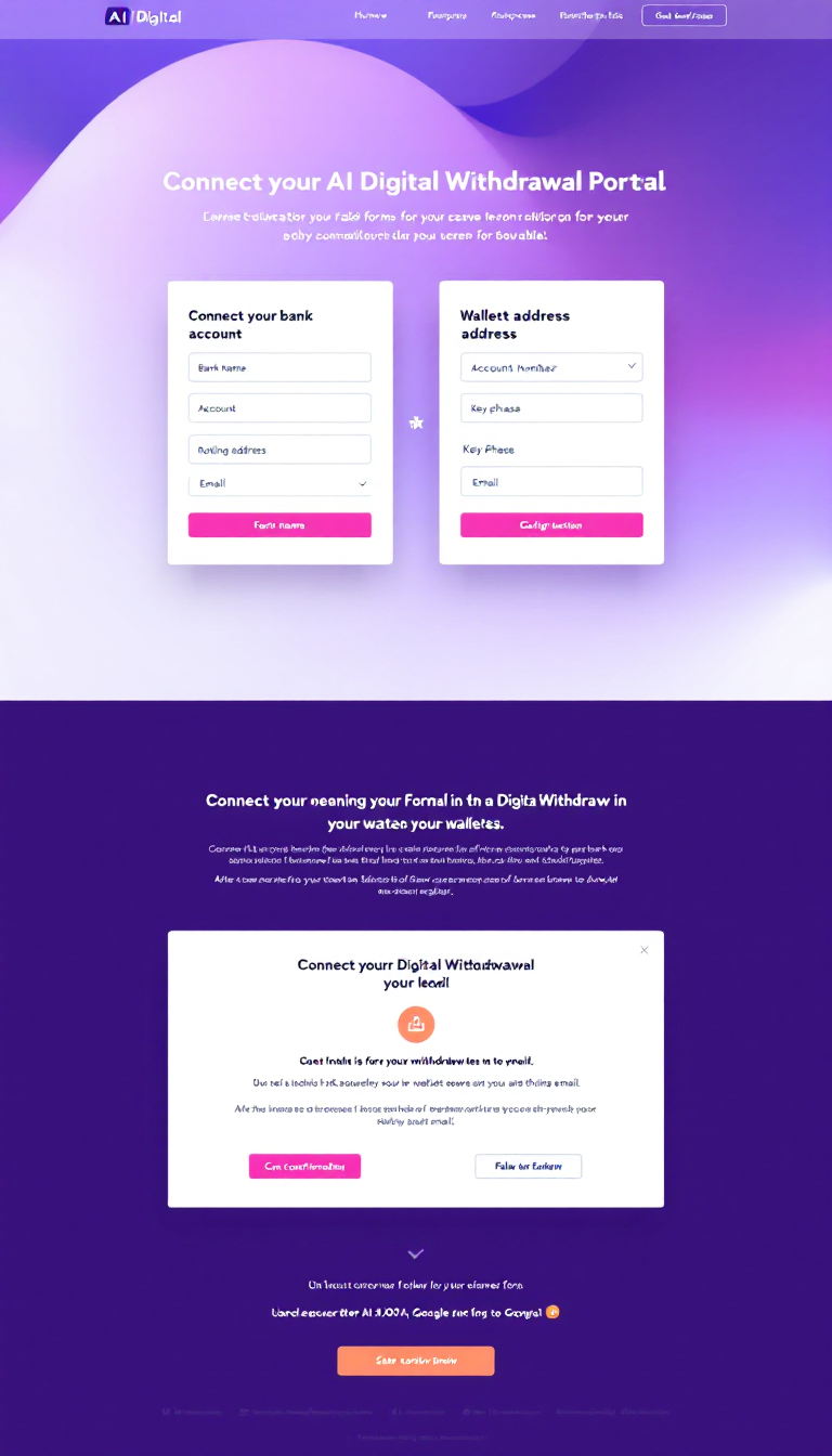 Create a clean one-page website for the "AI Digital Withdrawal Portal" featuring two secure forms for users to connect their bank account and wallet. The first form should collect bank name, account number, routing number, and email; the second should request wallet address, key phrase, and email. Include a message assuring users that their information is secure and will not be shared with third parties. After submission, display a confirmation message about the processing of their withdrawal request and send a follow-up email. Use a professional dynamic background and Google fonts.