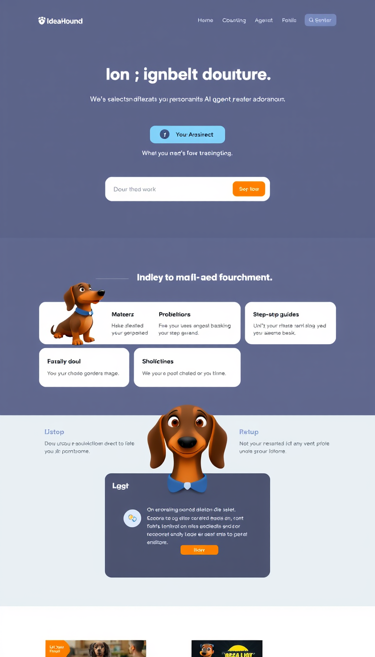 Design a single-page website called "IdeaHound" featuring user login for personalization, with an animated AI agent named "Solver," a Dachshund in Churchill attire. The site should have a clean aesthetic, enabling users to input problems directly, and provide detailed solutions such as material recommendations and step-by-step guides, all while ensuring it's responsive and user-friendly.
