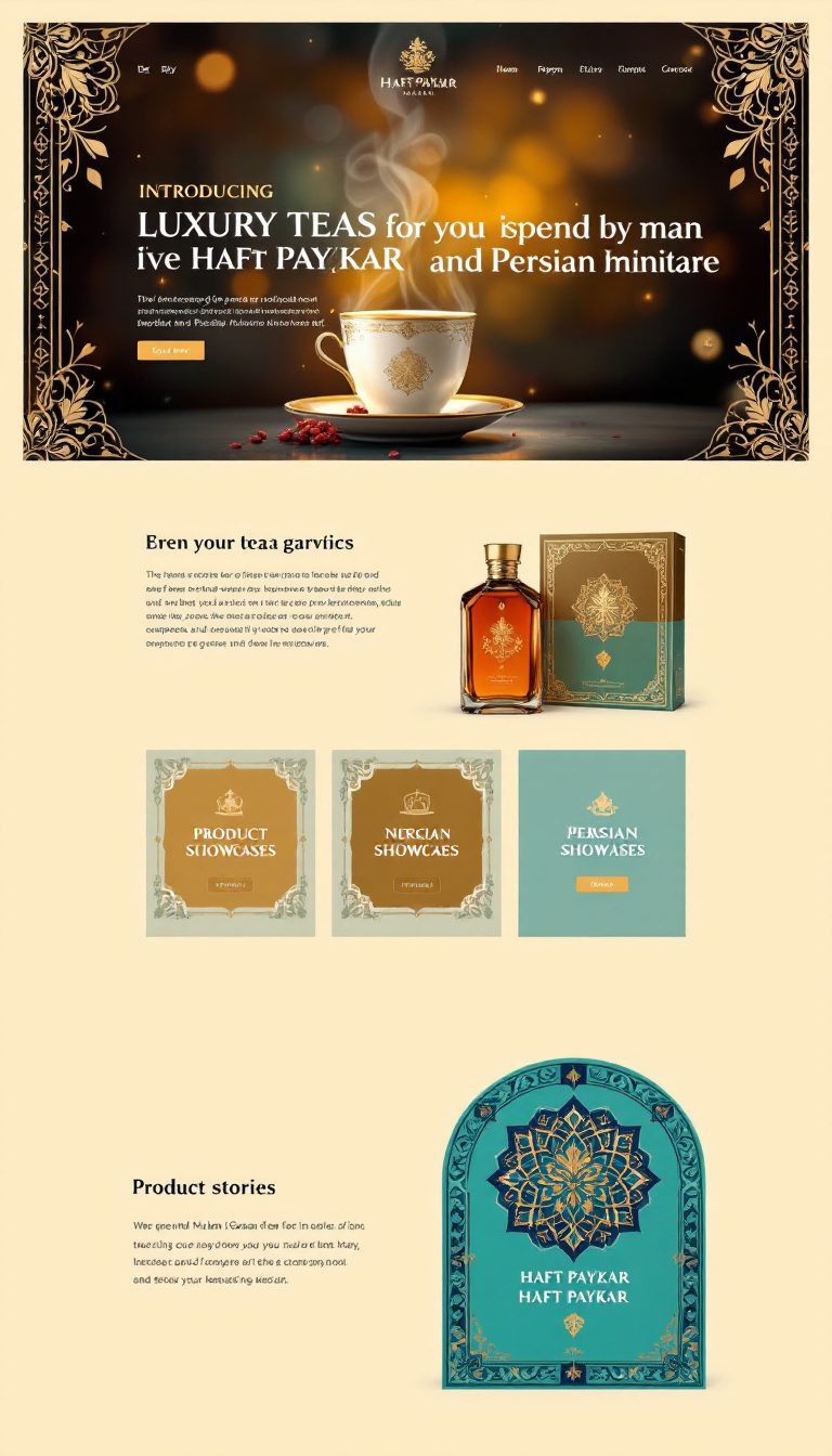 Create a one-page website to introduce and sell luxury teas inspired by Nizami Ganjavi's "Haft Paykar" and Persian miniature art. The site should feature a captivating image slider, an introduction to the brand's philosophy, product showcases, and a section highlighting the connection to "Haft Paykar" stories. Utilize rich colors like gold and turquoise, traditional typography, and high-quality images for an elegant design.