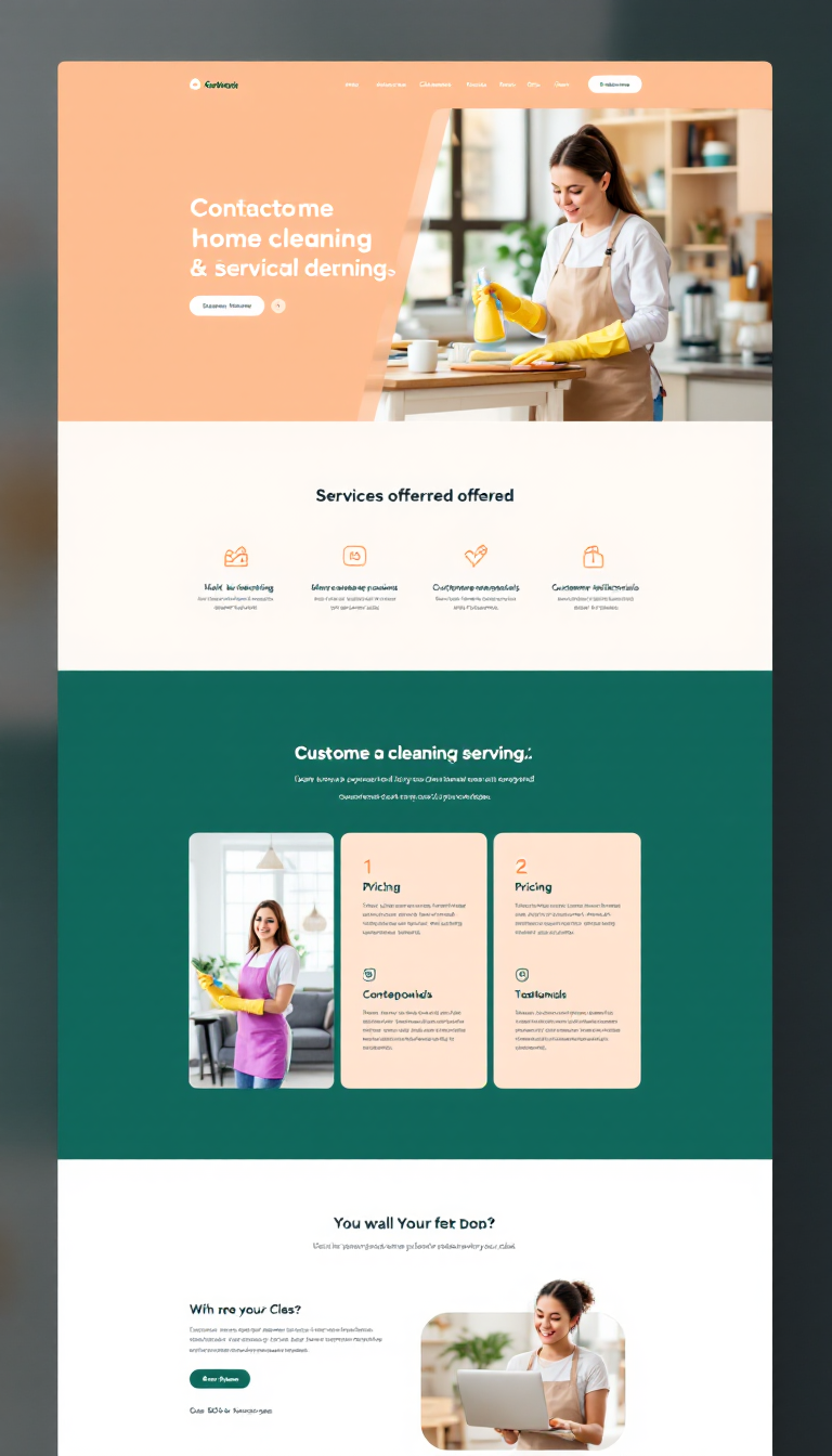 Design a simple one-page website for a home cleaning service, featuring a clean layout with sections for services offered, pricing, customer testimonials, and contact information. Use a soothing color palette and inviting imagery to convey professionalism and trust.