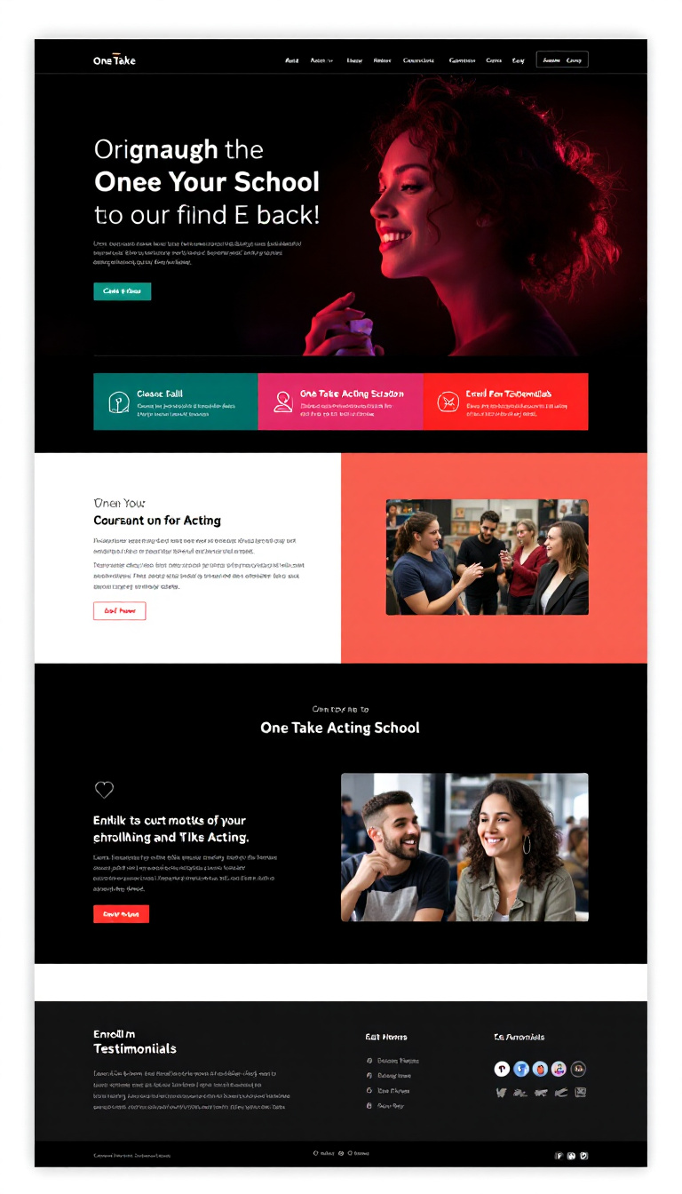 Create a simple and clean one-page website design for "One Take Acting School," featuring bold typography, a sleek layout, and sections for class information, enrollment, and testimonials. Include a vibrant color palette and engaging imagery that reflects the art of acting.