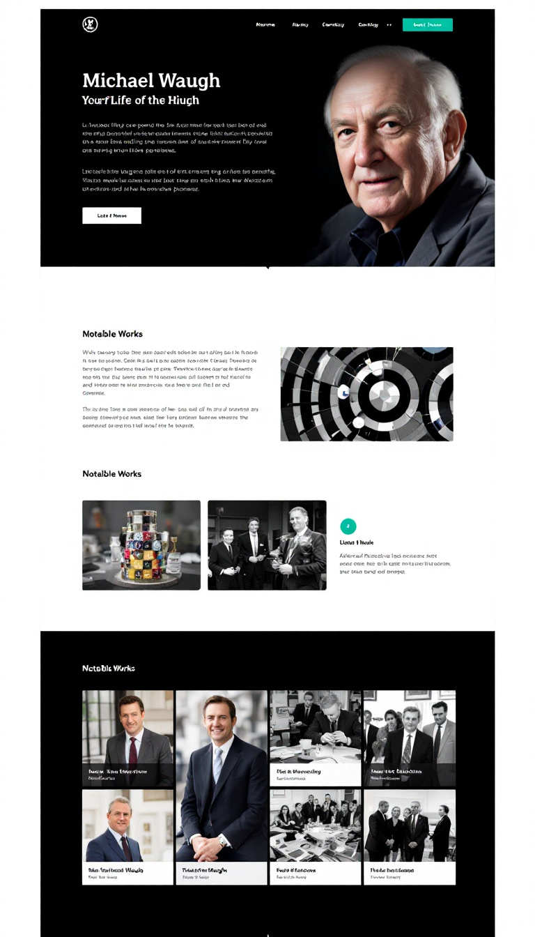 Create a simple and clean one-page website showcasing the life of Michael Waugh, highlighting key milestones, achievements, and notable experiences in a visually appealing layout. Include sections for a brief biography, notable works, and a gallery of images.