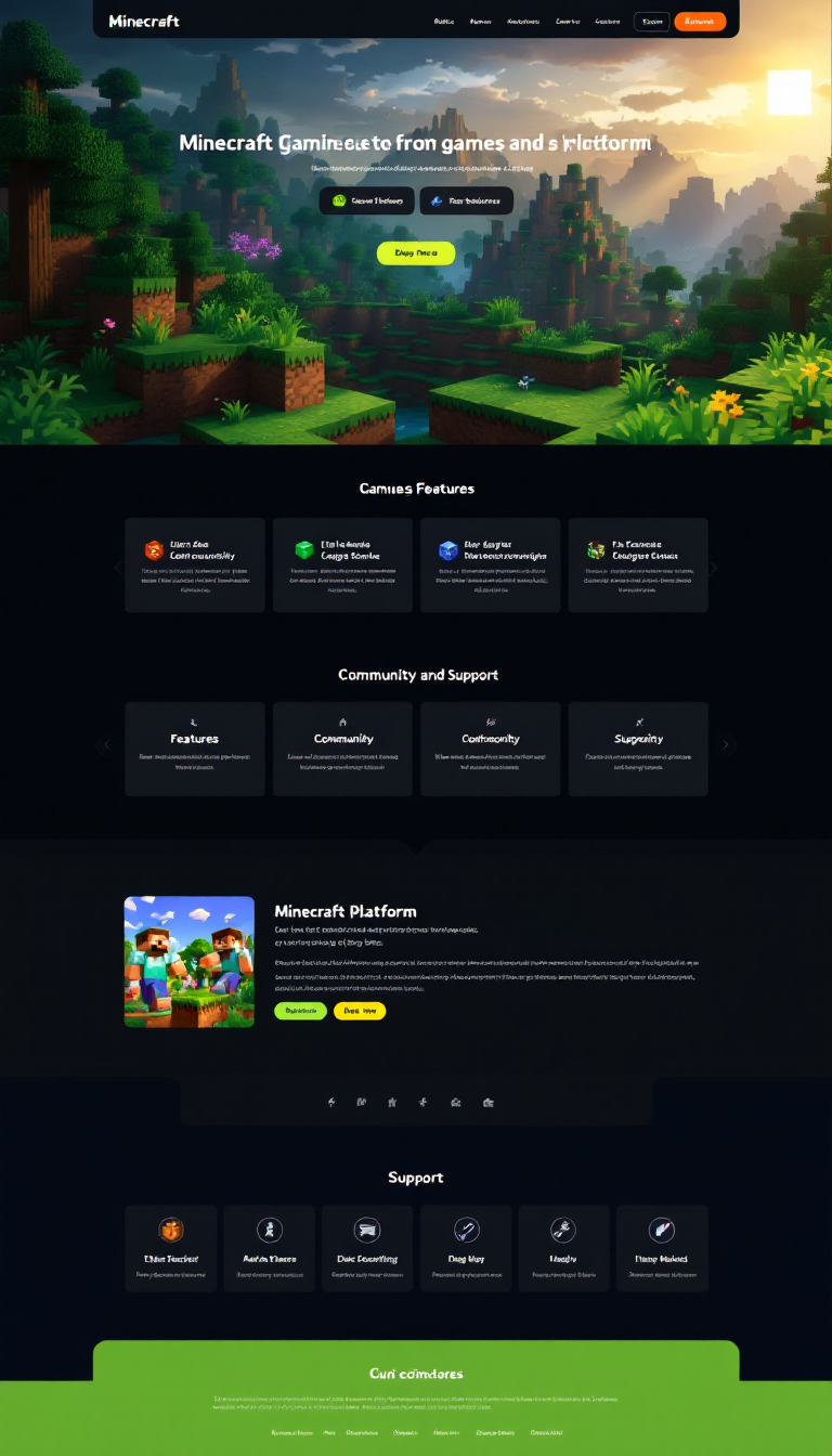 Design a simple one-page website for a Minecraft gaming platform, featuring vibrant visuals, easy navigation, and sections for game features, community, and support. Include icons and elements that reflect the Minecraft theme.