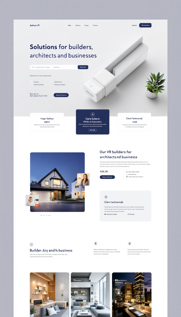 Create a minimalist one-page website for AetheraVR, highlighting VR solutions for builders, architects, and businesses. The design should feature bold visuals, image galleries, video content, and include sections for product details, client testimonials, and a contact form.
