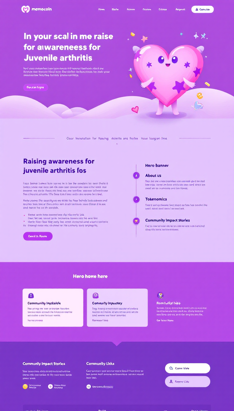 Create a one-page website for a memecoin project aimed at raising awareness for juvenile arthritis, featuring a pink and purple color scheme. Include sections for a hero banner with a logo and tagline, an about us section, tokenomics details, community impact stories, a roadmap, and community links, all designed with a modern, playful style and responsive layout.