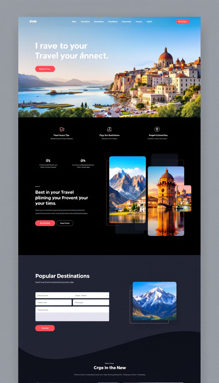 Design a sleek one-page website for a travel planning project, featuring a modern layout, vibrant images of destinations, and user-friendly navigation. Include sections for travel tips, popular destinations, and a simple booking form.