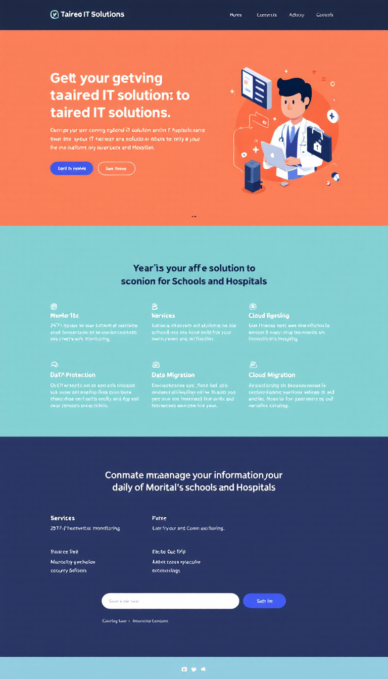 Create a one-page website for a company that offers tailored IT solutions for schools and hospitals. Highlight services like 24/7 network monitoring, data protection, and cloud migration, emphasizing the importance of security and efficiency in managing sensitive information.