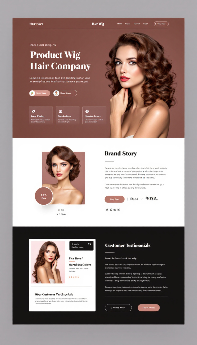 Design a simple and clean one-page website for a hair wig company, showcasing product offerings, brand story, and customer testimonials. Include an elegant color scheme and user-friendly layout for easy navigation.