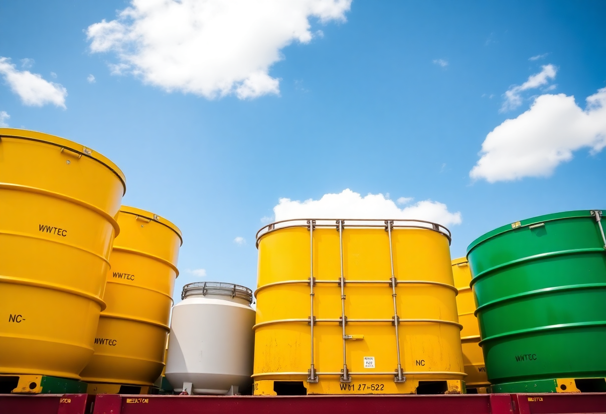 large containers of chemicals in vibrant yellow and green colors against a blue sky, representing wwtc's global chemical trading business