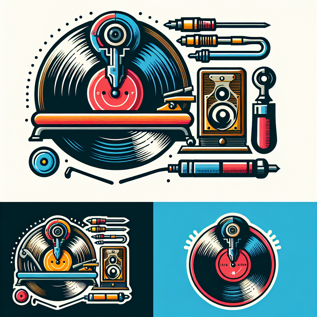 A logo of a repair shop for vintage audio pickup for vinyls, outline, flat, vector, colorful, white background